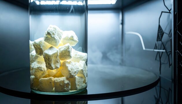 Irregularly Shaped Chunks of White Phosphorus Submerged in Water within a Glass Container Under Scientific Lighting