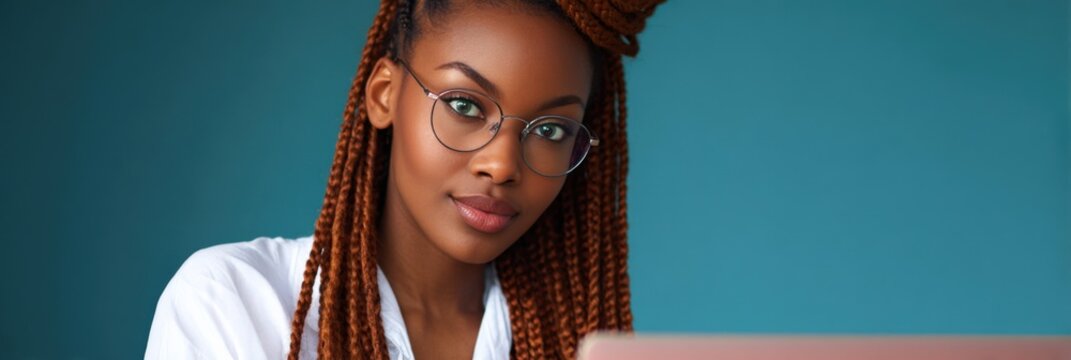 Young african female with laptop and round glasses teal background three quarter portrait braided red brown hair white shirt professional relaxed smile