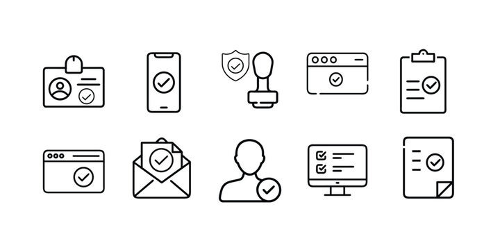 Checkmark approval success web line icons set approved ID card verified mobile phone official rubber stamp accepted browser window & more vector with editable stroke.