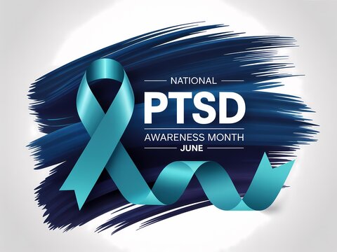 Teal awareness ribbon for national ptsd awareness month in june with dark blue brush stroke background