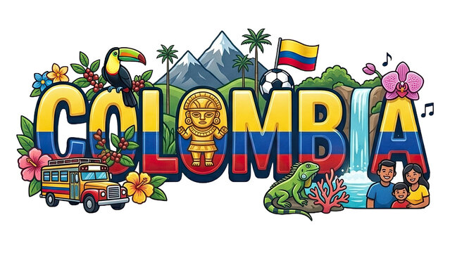 Colombia travel design with decorative text, chiva bus, toucan, pre-Columbian statue, flag, mountains, waterfall and tropical wildlife
