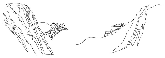 Extreme wingsuit flyers soaring through a mountain canyon in minimalist line art style © Alicja