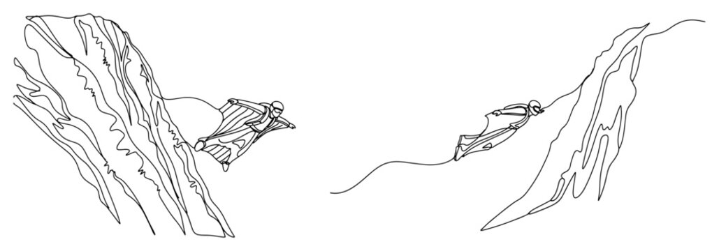 Extreme wingsuit flyers soaring through a mountain canyon in minimalist line art style