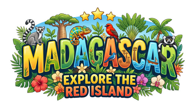 Madagascar travel typographic design featuring endemic wildlife, baobab trees, lemurs, and exotic tropical flowers