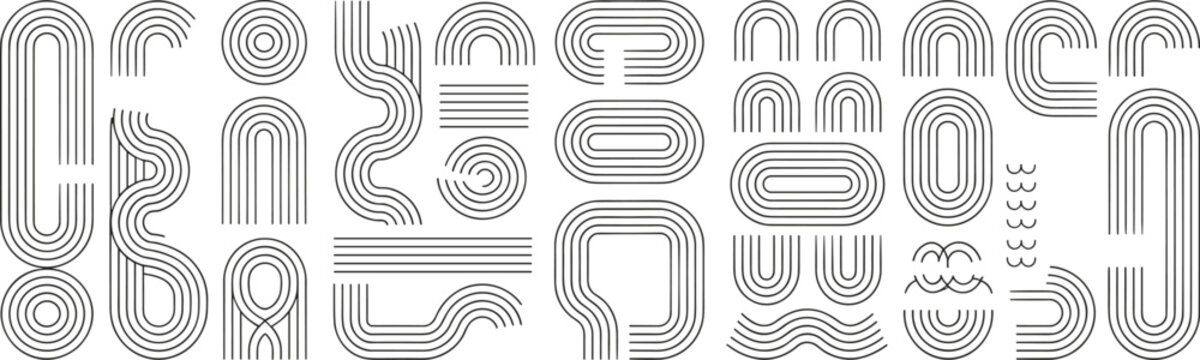 Collection of black line geometric shapes featuring concentric arches waves circles and parallel lines on a white background for minimalist patterns