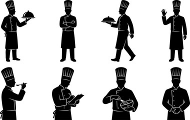 Obraz premium Chef Silhouette Collection with Professional Cooks Serving Preparing and Presenting Food for Restaurant Hospitality and Culinary Design Projects