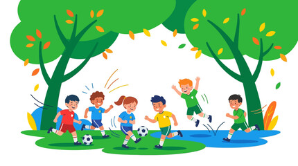 Obraz premium Children playing soccer in a park, diverse group, fun outdoor activity