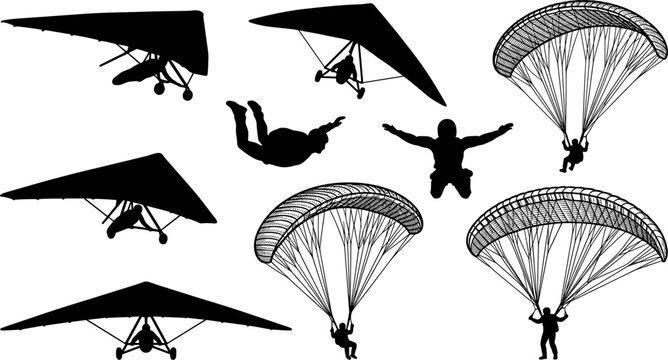 Extreme Sports Silhouettes Collection Featuring Hang Gliding Skydiving and Paragliding Adventure Activities Isolated Vector Illustration Set