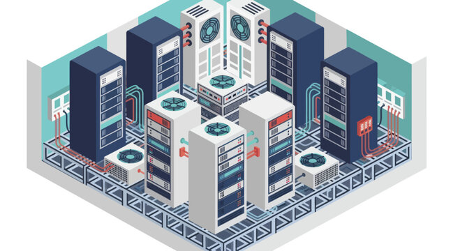 Modern Server Room with Racks and Cooling Systems.