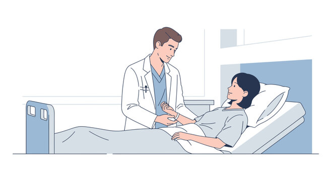 Doctor checking patient's wrist in hospital room - medical consultation illustration for healthcare