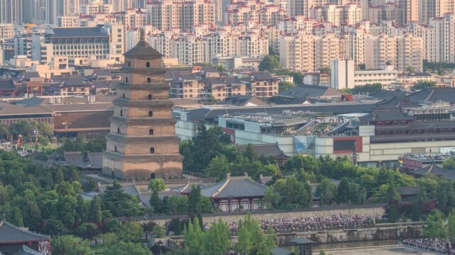 Giant Wild Goose Pagoda and Modern Xi'an City Skyline in Xi an, China