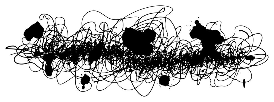 Abstract chaotic scribble texture with black ink splatters and tangled lines