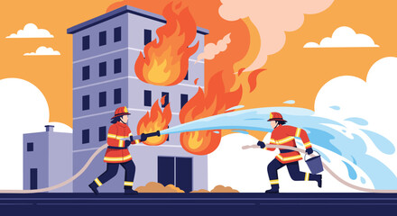 Fototapeta premium Team of brave firefighters spraying water from a hose and a bucket to extinguish a large fire engulfing a multi story building.