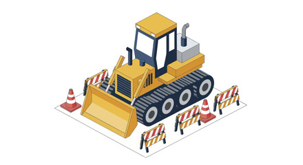 Yellow bulldozer with construction barriers and traffic cones isometric view. © Duren