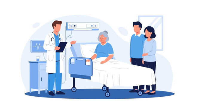 Elderly Woman in Hospital Bed with Doctor and Family Visiting, Medical Care Illustration