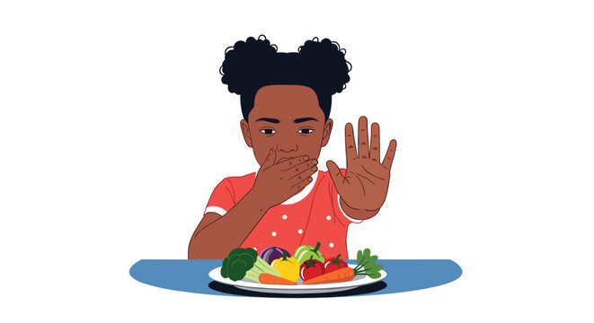 Little girl with dark hair and buns making a stop gesture with her hand while refusing a healthy plate of vegetables.