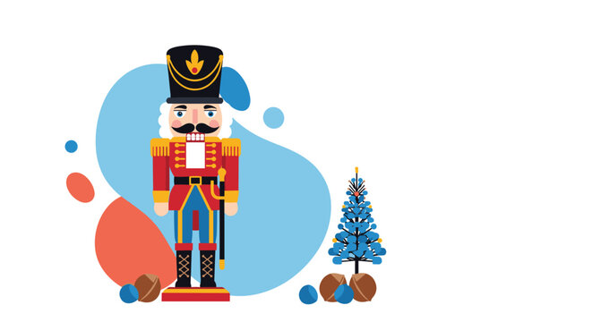 Classic Christmas nutcracker soldier standing next to a small decorated pine tree on an abstract blue and red background.