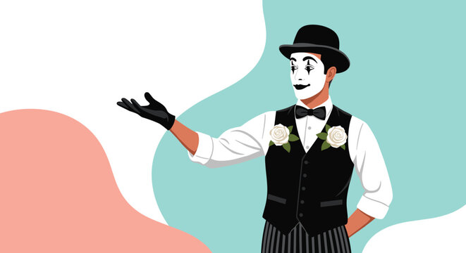 Elegant mime artist wearing a black hat and vest with white roses on his lapel gesturing with one hand in a classic pose.