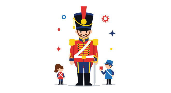 Large traditional nutcracker soldier figure standing between two small children in military style outfits for a classic holiday theme.