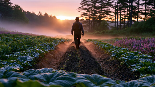 Wide rural panorama of a June dawn mist over a small-scale hyperlocal farm where a single farmer walks crop rows of heirloom squash and dried bean varieties, fog still lying between the furrows, per