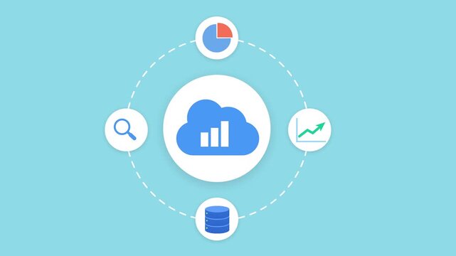 Animated cloud data analytics network illustration featuring connected icons for search, database, charts, and statistics in a smooth looping technology scene.