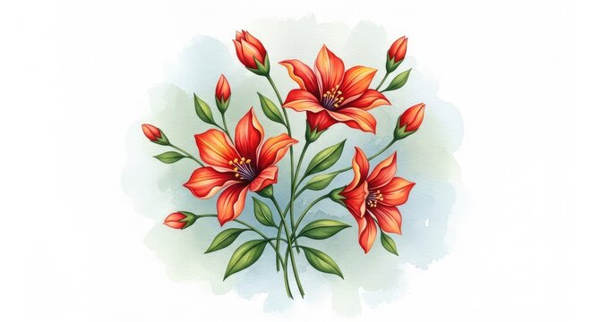 Artistic watercolor painting featuring elegant red and orange floral blooms with green stems and leaves set against a soft textured wash, element, wallpaper, floral