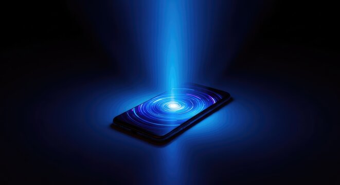 Bright blue light radiates from a mobile device screen into a dark room, illustrating the intense gravitational pull of digital habits, concentration, absorption, reality