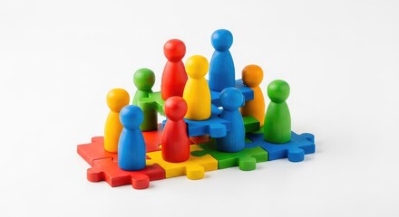 Obraz premium Colorful wooden figures stand atop connected jigsaw puzzle pieces, representing collaboration, inclusivity, and unity within a corporate environment, connection, assembly, leadership
