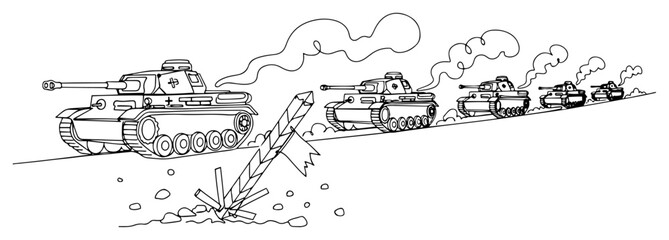 Obraz premium Continuous line drawing of a military tank column moving through a battlefield with smoke and dust clouds