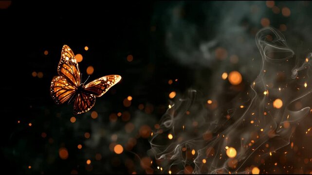 Monarch Butterfly Flying in Dark Night with Glowing Bokeh Lights.