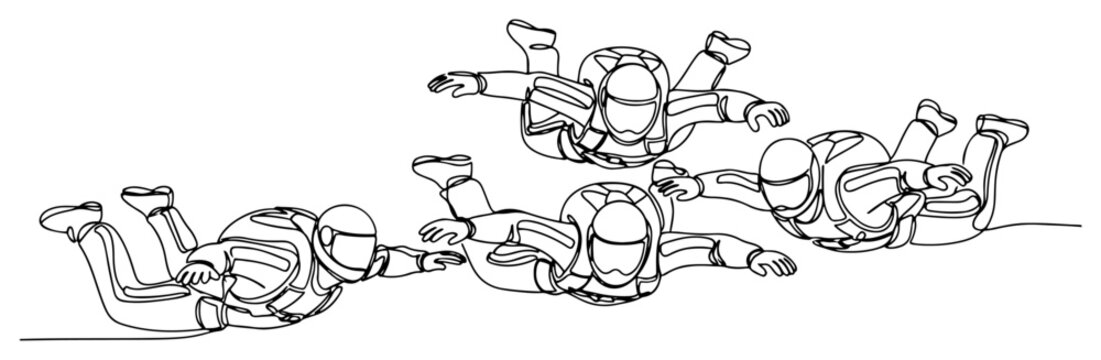 Continuous one line drawing of a group of skydivers performing a freefall formation in the sky