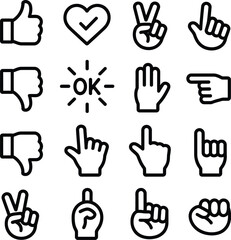Fototapeta premium Hand gesture icon set, thumbs up peace sign pointing fist minimalist line art vector illustration collection design