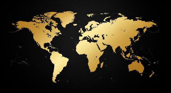 Elegant golden world map silhouette displayed against a deep black textured background, showcasing a luxurious and modern aesthetic style, earth, artistic, continents