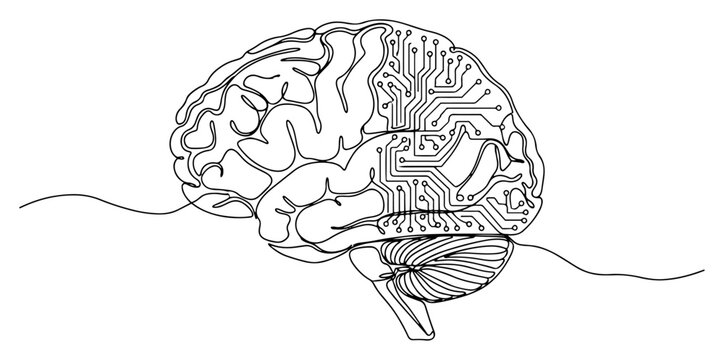 Single continuous line drawing of a human brain combined with digital circuit board representing artificial intelligence