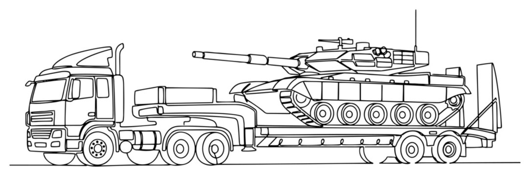 Single line art of a large semi truck transporting a military tank on a lowboy trailer