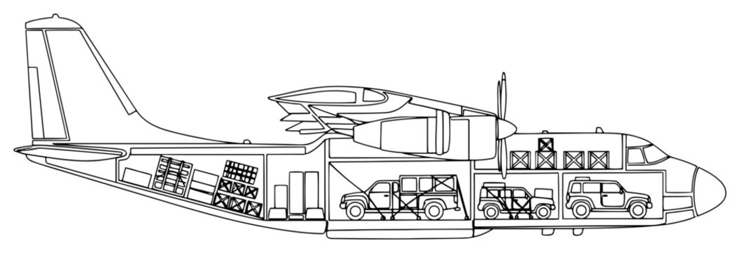 Technical cross section of a cargo aircraft carrying military vehicles and freight boxes