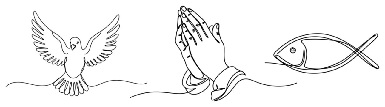 Continuous line drawing of religious icons including a dove praying hands and fish symbol