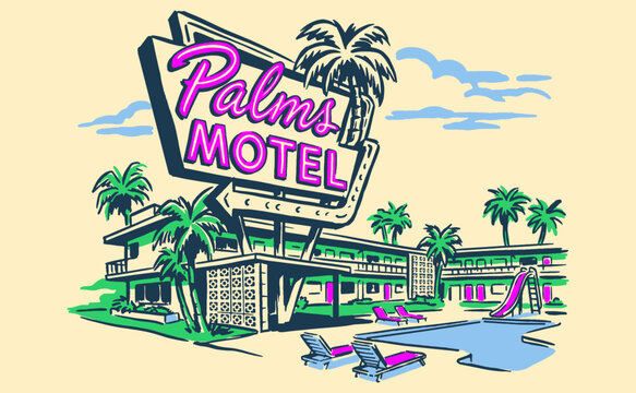 Retro vintage Palms Motel illustration with swimming pool and neon sign. Mid-century modern style resort artwork for t-shirt print and poster.