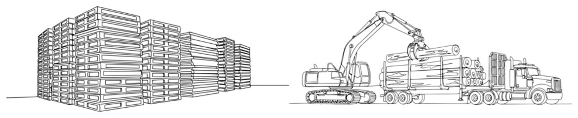 Industrial scene with stacks of wooden pallets and excavator loading timber logs onto a heavy cargo truck © Alicja