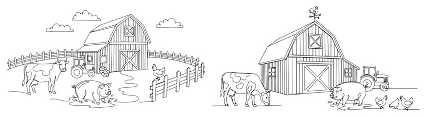 Panoramic farm landscape featuring a classic barn tractor and various domestic animals in line art style © Alicja