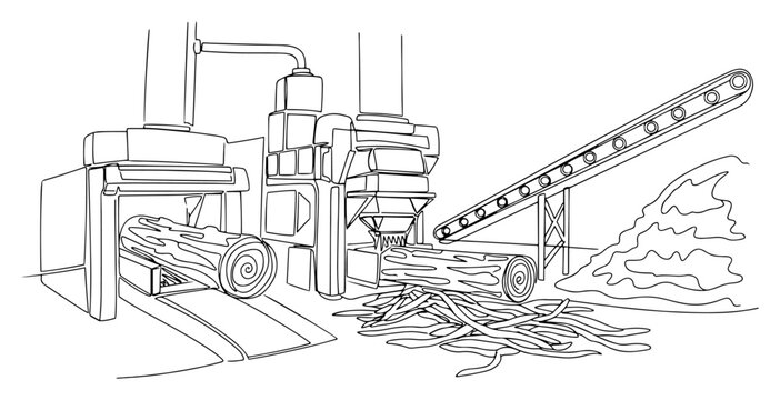 Continuous line drawing of an industrial sawmill machine processing wood logs into lumber