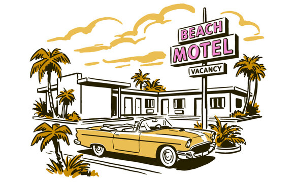 Vintage Beach Motel Illustration with Classic Yellow Convertible Car and Palm Trees. Retro Mid-Century Design for T-Shirt Prints and Posters.