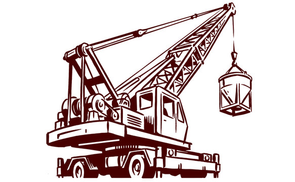 Mobile construction crane with bucket vector illustration. Industrial heavy machinery for building sites, t-shirt print and poster design.
