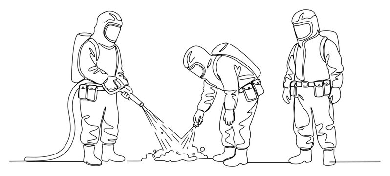 Single continuous line drawing of hazmat suit specialists cleaning up hazardous materials or toxic waste