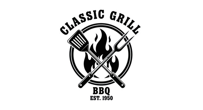 Classic Grill BBQ Est 1950 Logo with Crossed Spatula and Fork.