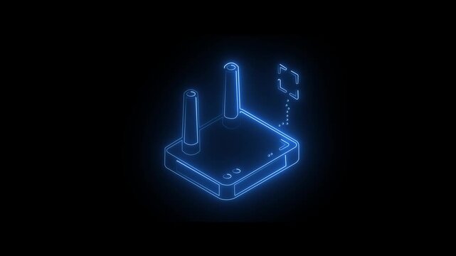 Glowing neon industrial icon animation video on black background....