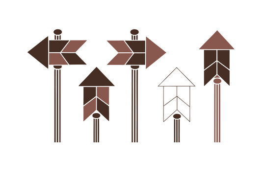 Set of five geometric arrow directional signs in shades of brown and white outline style