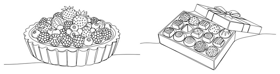 Continuous line drawing of a fresh fruit berry tart and a box of luxury chocolate pralines © Alicja