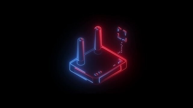 Glowing neon industrial icon animation video on black background....