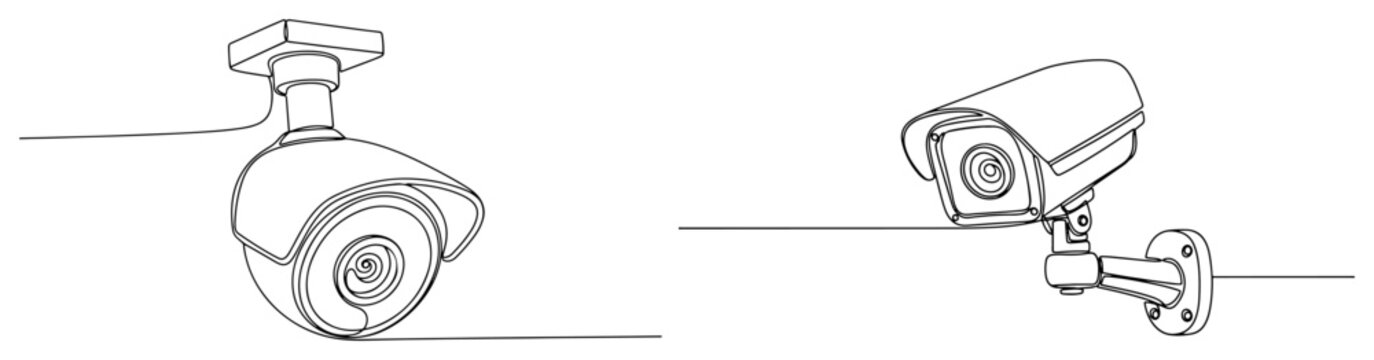 Continuous line drawing of security surveillance cctv cameras in minimalist one line style